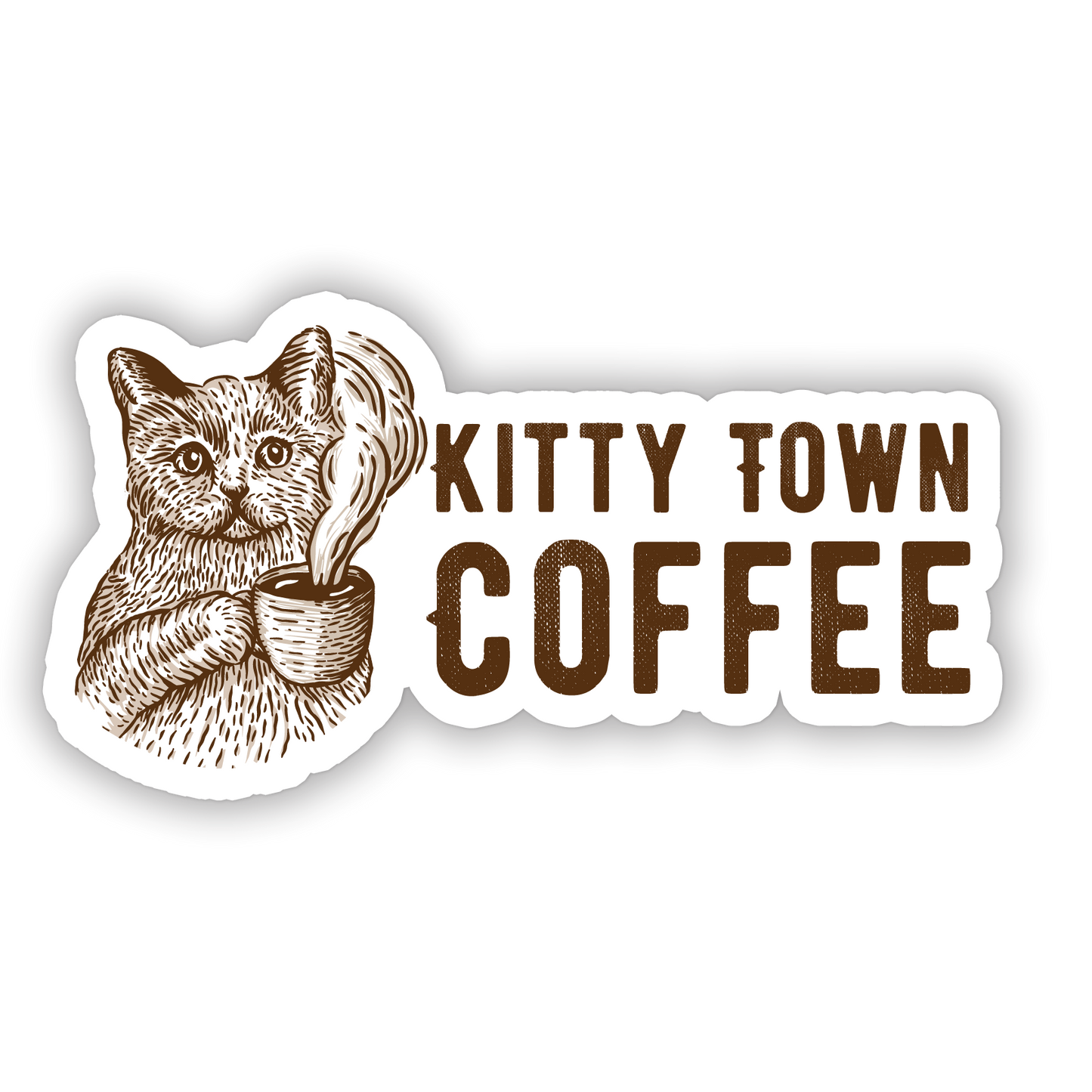 A sticker with an illustration of a cat holding a coffee cup, with the text 'Kitty Town COFFEE' arranged around it.