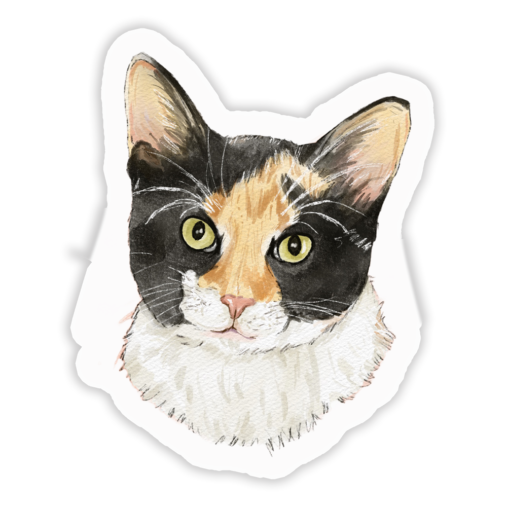 A sticker depicting the head of a calico cat with black, orange, and white colors.