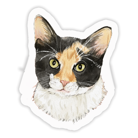 A sticker depicting the head of a calico cat with black, orange, and white colors.