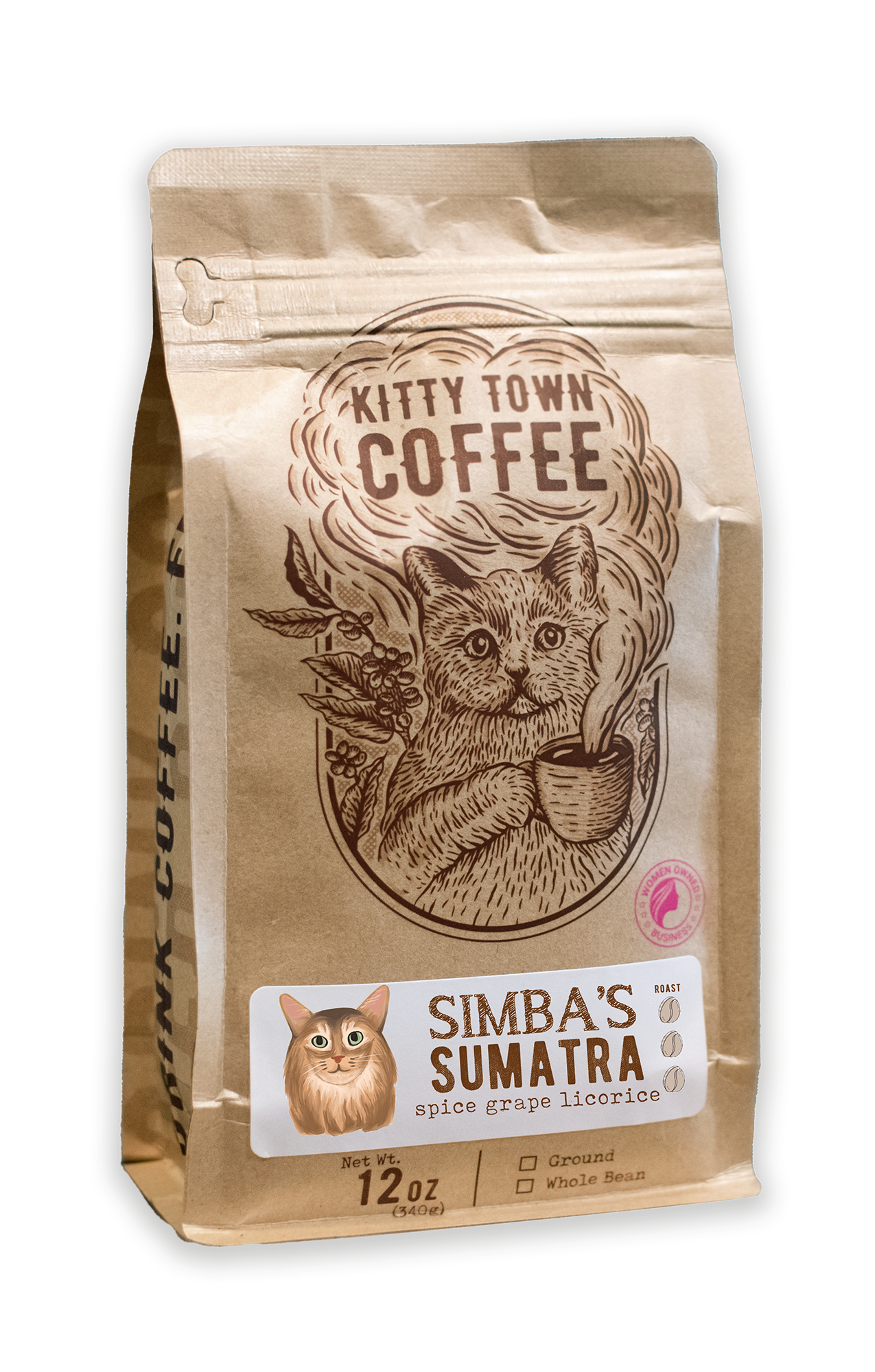 A 12oz bag of Kitty Town Coffee