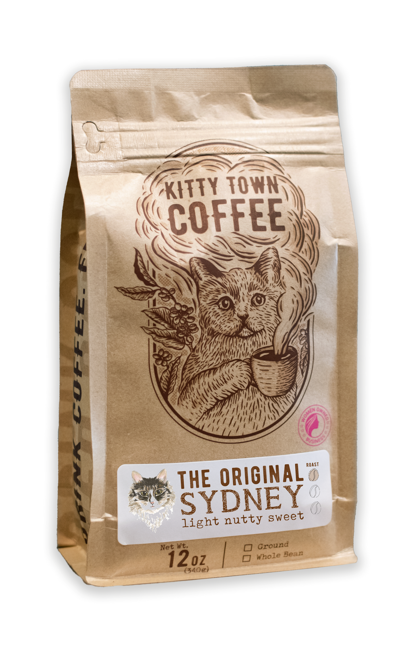 A 12oz bag of Kitty Town Coffee