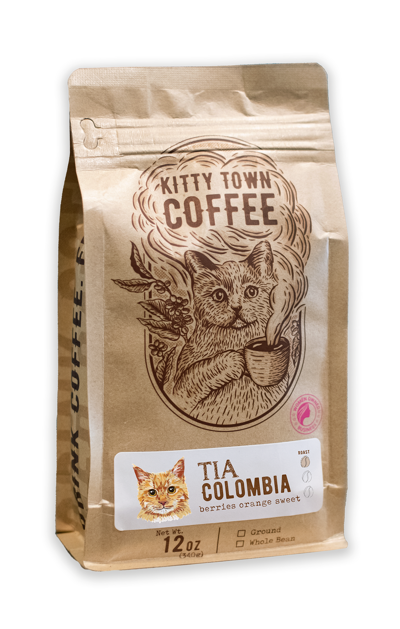 A 12oz bag of Kitty Town Coffee