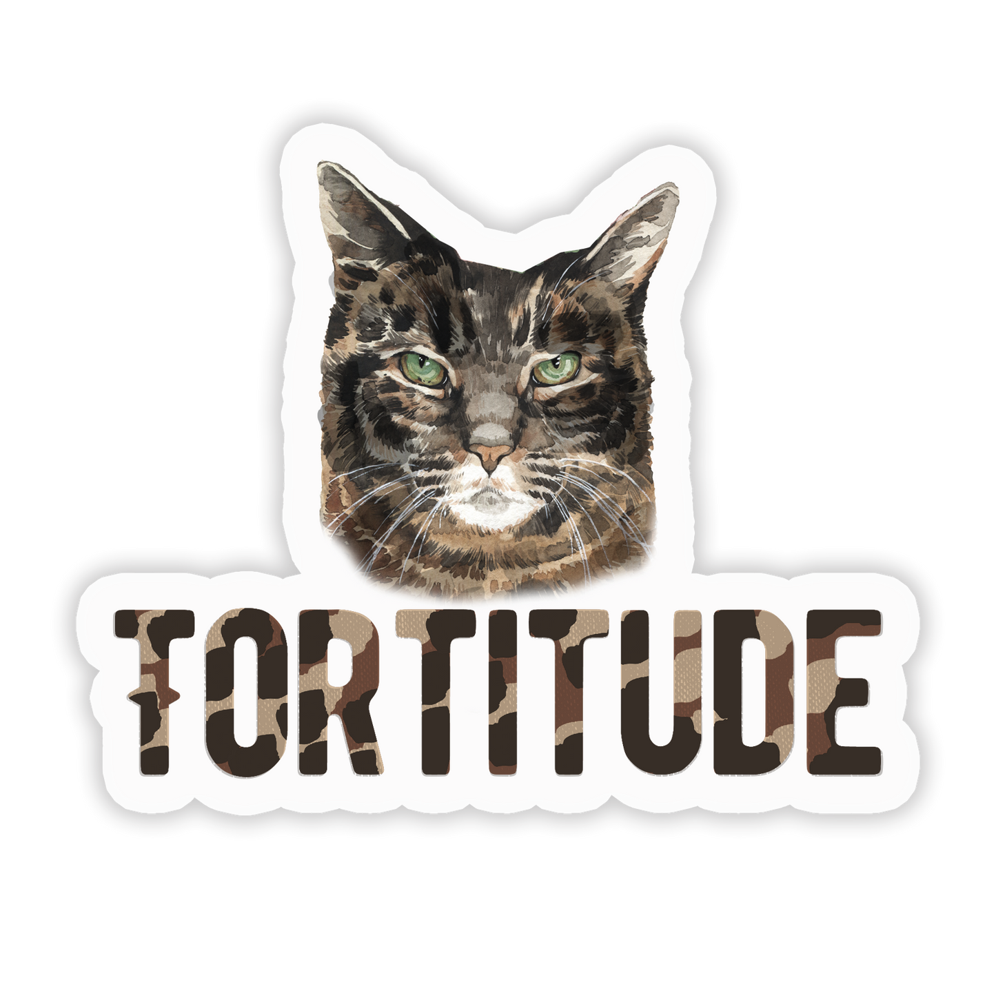 A sticker with a camouflage pattern depicting a cat's face and the text 'TORTITUDE'.