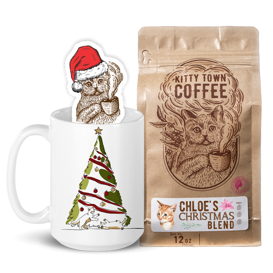 a picture of a bag of Chloe's Christmas Blend, a Christmas Mug, and a Santa Kitty Town sticker