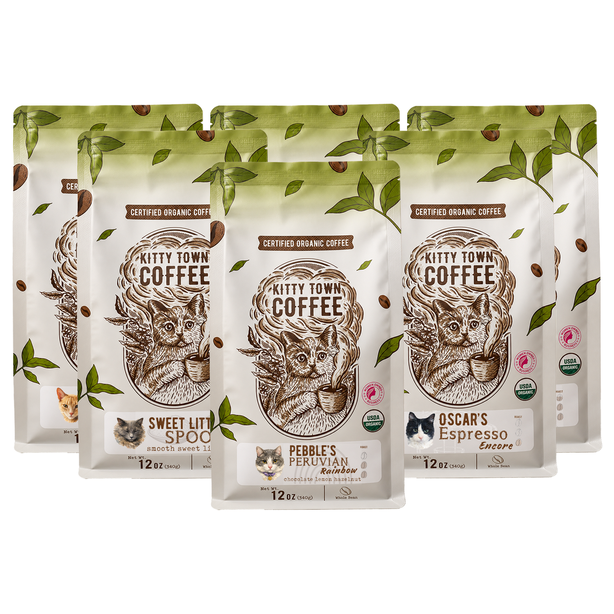 Six 12 oz bags of Kitty Town certified organic coffee arranged together
