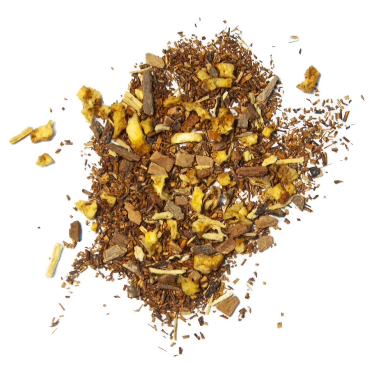 A close-up image of Apple Cider Rooibos tea leaves, showcasing the blend of rooibos tea base with pieces of apple and cinnamon.