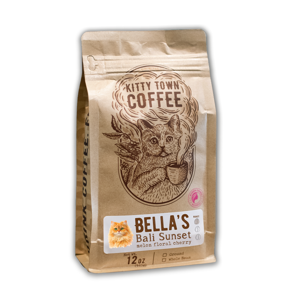Kitty Town Coffee Bella's Bali Sunset coffee bag on a white background