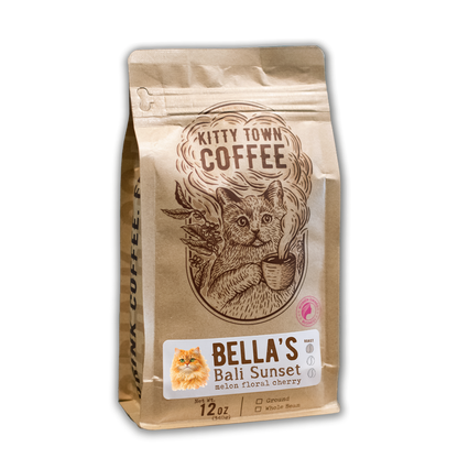 Kitty Town Coffee Bella's Bali Sunset coffee bag on a white background