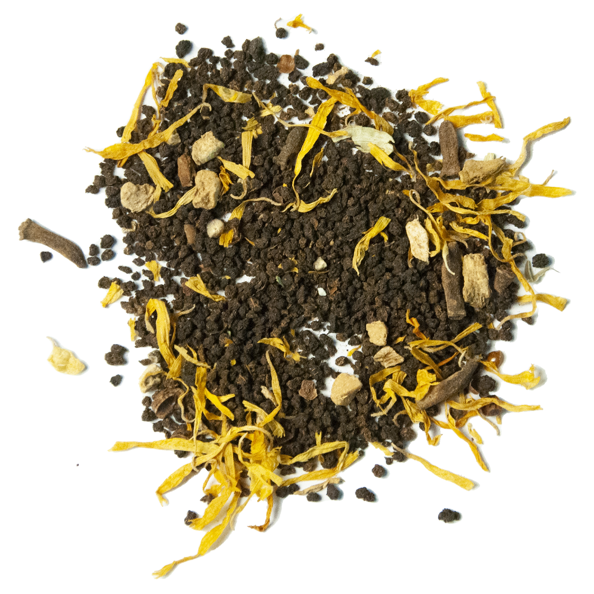 A blend of black tea leaves and spices including pieces of cinnamon, ginger, and star anise.