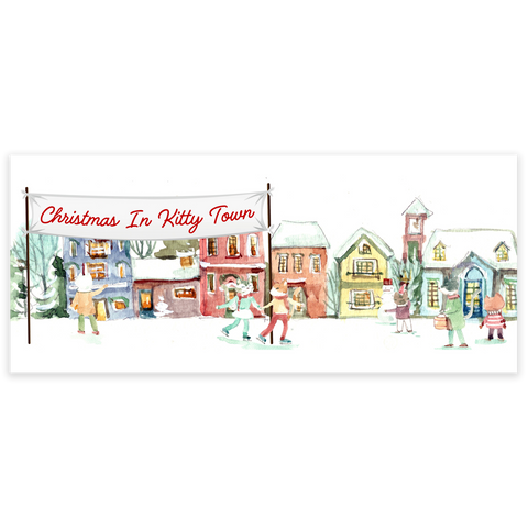 A sticker with an illustration depicting a winter scene with cats and houses, titled 'Christmas In Kitty Town'.