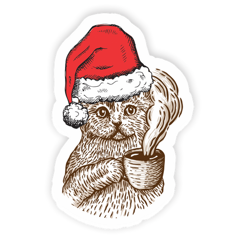 A sticker featuring a cat drinking a cup of coffee and a Christmas hat