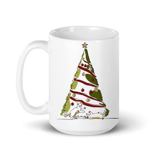 White mug with a Christmas tree design on a white background