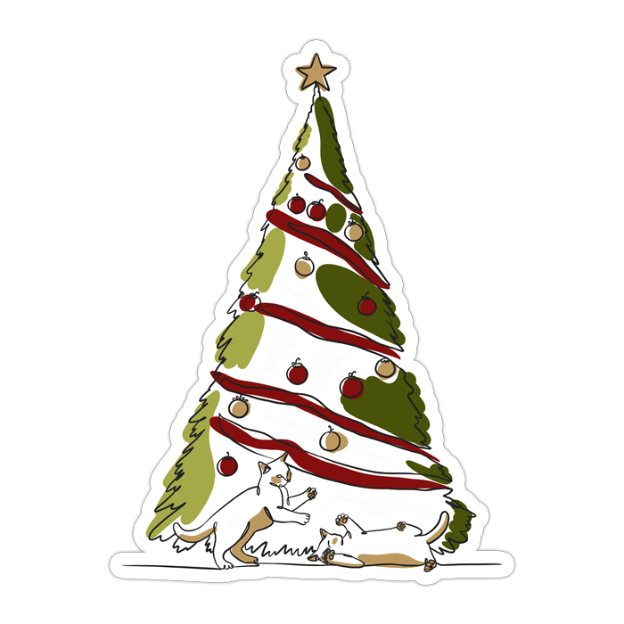 Illustration of a Christmas tree with decorations and cats underneath on a white background