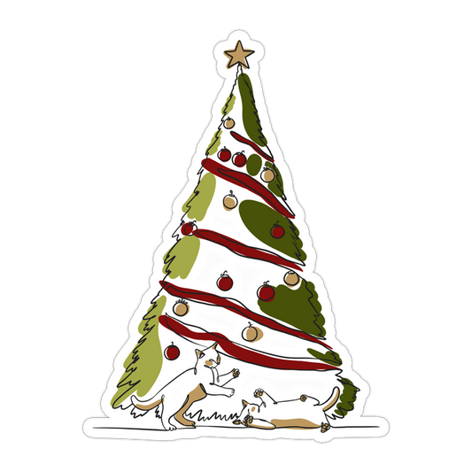 Illustration of a Christmas tree with decorations and cats underneath on a white background