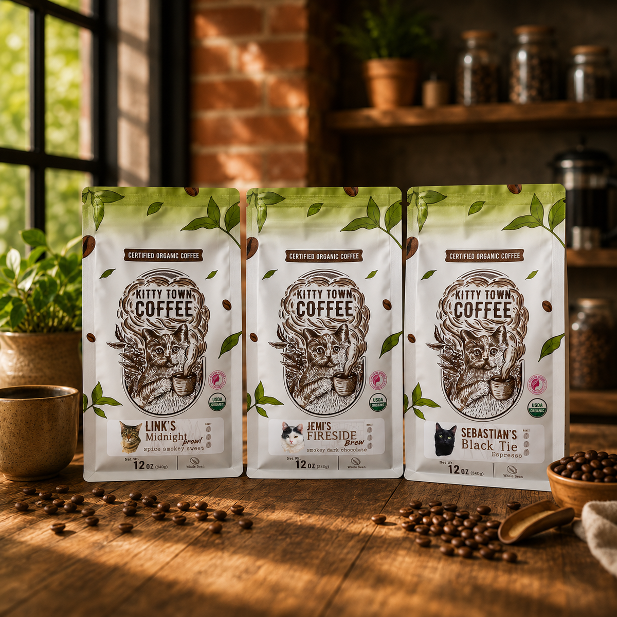 Three bags of Kitty Town organic dark roast coffee on a wooden table in a sunlit room with scattered coffee beans