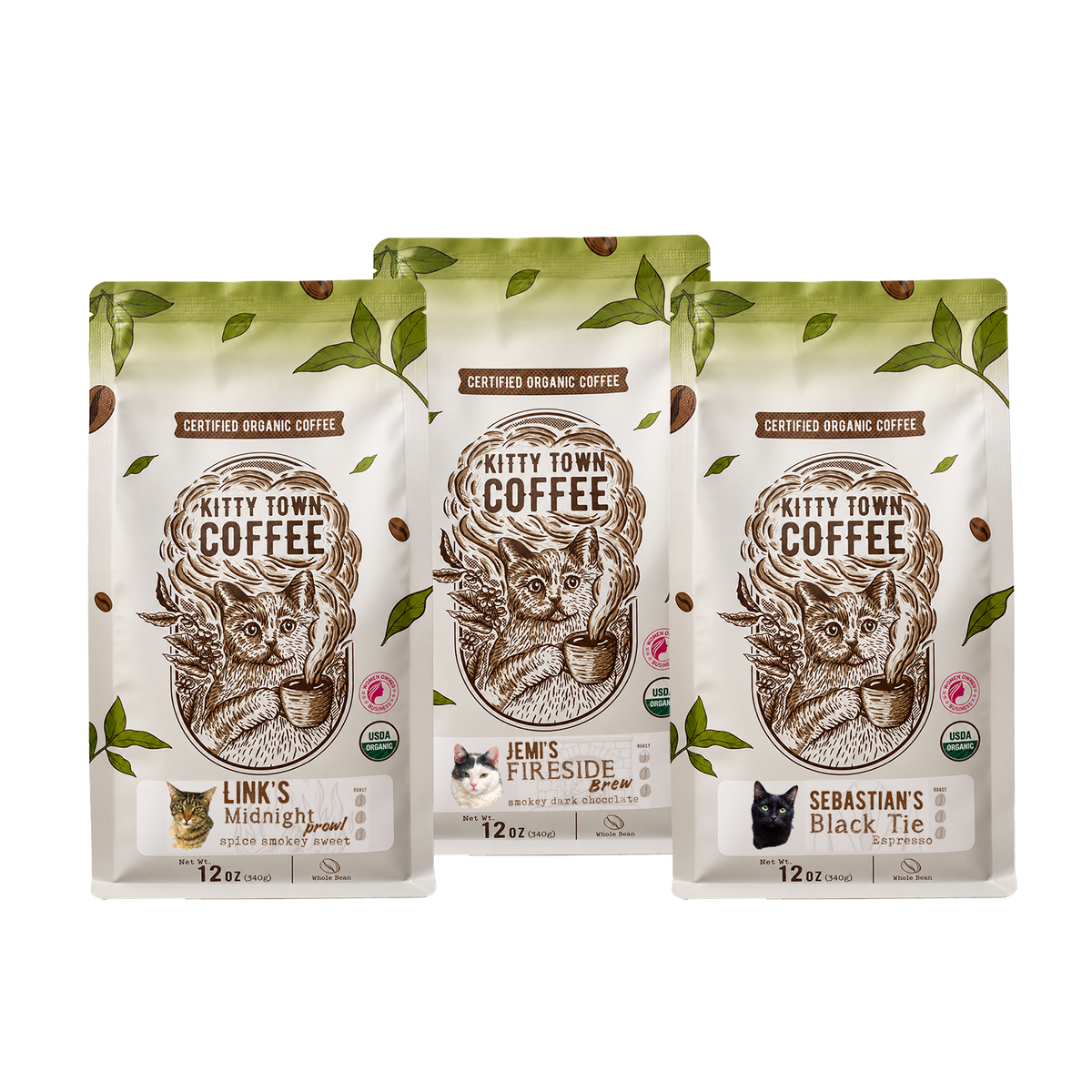 Three bags of organic dark roast coffee: Link's Midnight Prowl, Jemi's Fireside Brew, and Sebastian's Black Tie Espresso