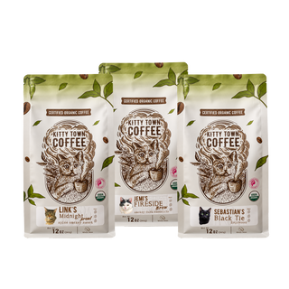 Three bags of organic dark roast coffee: Link's Midnight Prowl, Jemi's Fireside Brew, and Sebastian's Black Tie Espresso