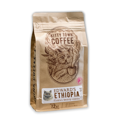 Kitty Town Coffee bag with a cat illustration on a white background