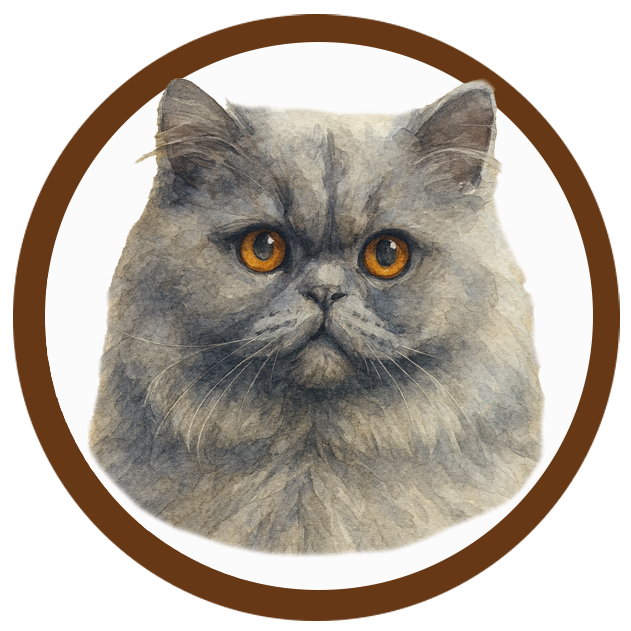 Illustration of a cat with large orange eyes inside a brown circular frame.
