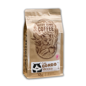 Kitty Town Coffee bag with a cat illustration on a white background