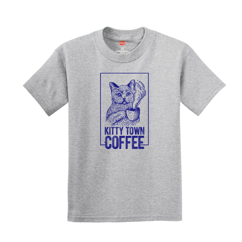 Gray t-shirt with a blue graphic of a cat holding a coffee cup and 'Kitty Town Coffee' text on a white background.