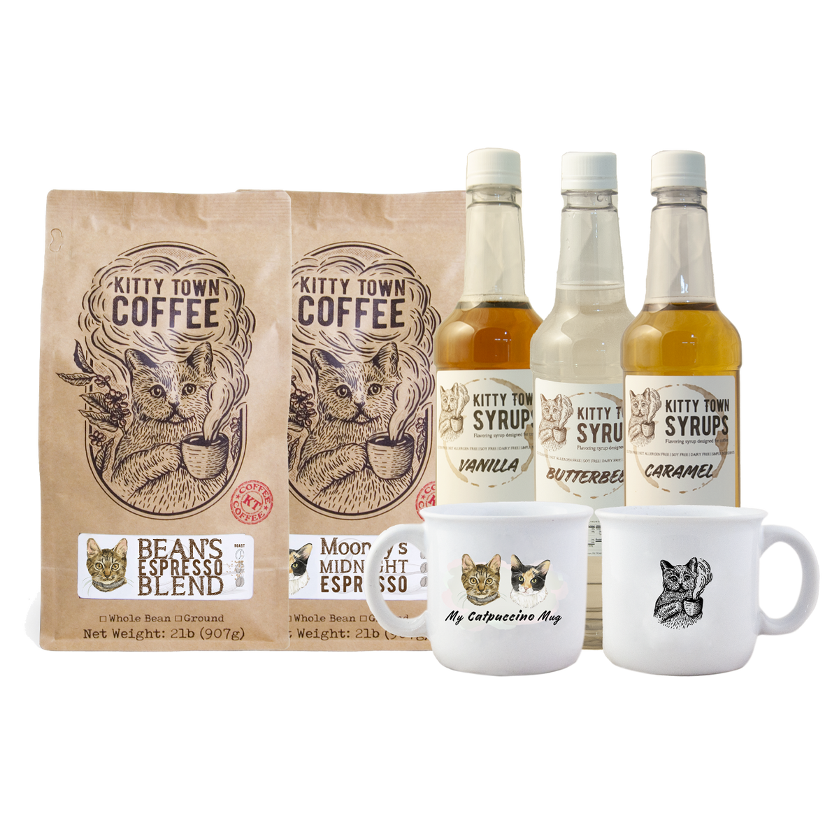A collection of coffee and syrup bottles, two mugs, and bags of coffee beans with branding labels.