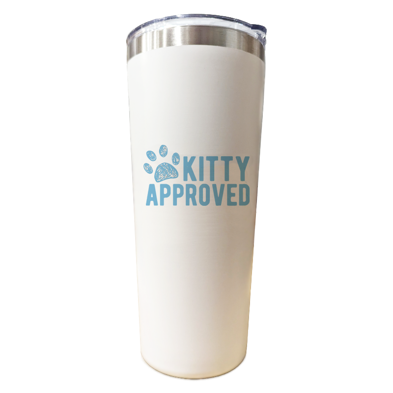 A white stainless steel tumbler with a 'Kitty Approved' logo in blue.