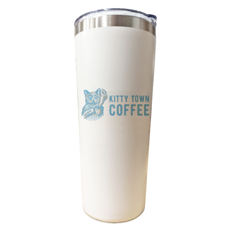 A double wall stainless steel tumbler in white with light blue text that says "Kitty Town Coffee"