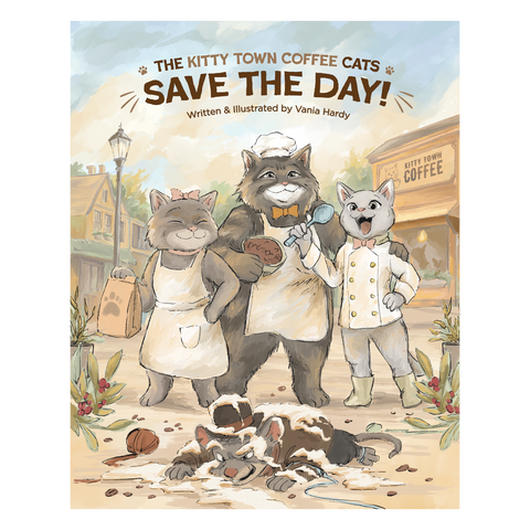 The front cover of The Kitty Town Coffee Cats Save The Day! showing three illustrated cats in aprons and a chef hat standing in a village street as rats scatter at their feet