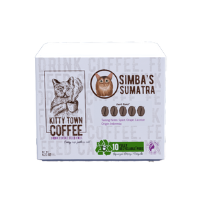A box of 'Simba's Sumatra' coffee pods from Kitty Town Coffee, featuring an illustration of a cat on the packaging.