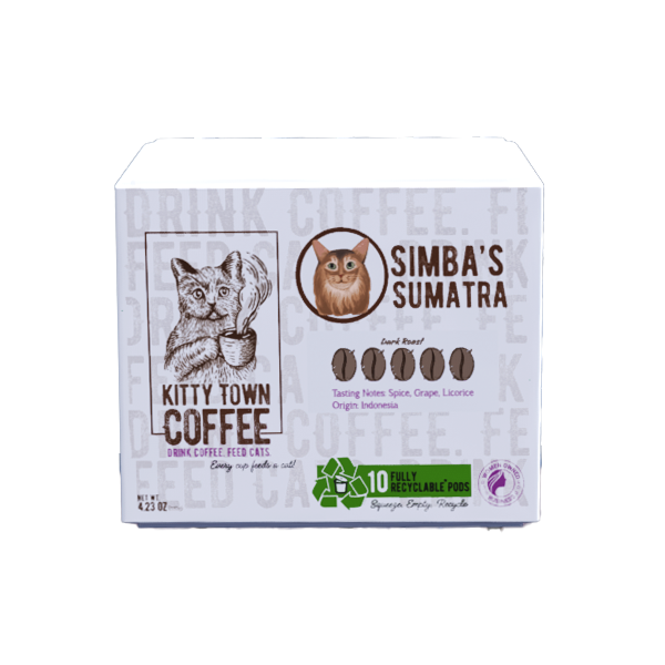 A box of 'Simba's Sumatra' coffee pods from Kitty Town Coffee, featuring an illustration of a cat on the packaging.