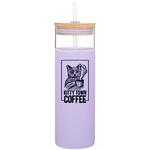 Purple tumbler with a wooden lid and straw featuring a cat illustration and 'Kitty Town Coffee' text on a white background.