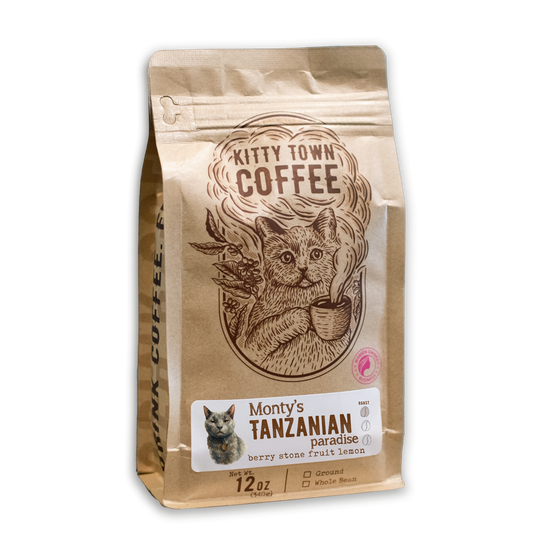 Kitty Town Coffee bag with a cat illustration on a white background