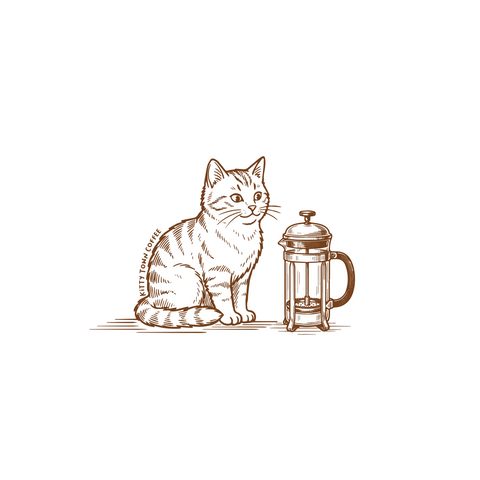 A sticker of an illustrated tabby cat sitting beside a french press