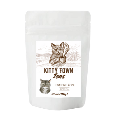 A bag of seasonal Pumpkin Chai loose leaf tea