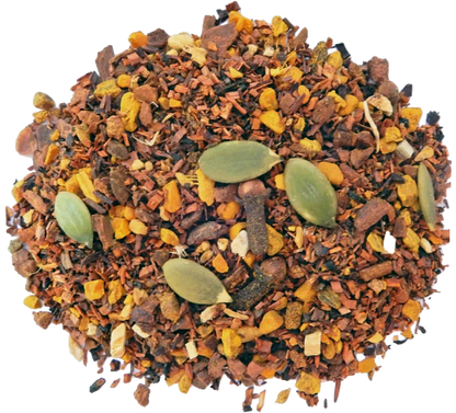 A close-up of dried pumpkin chai herbal tea ingredients, featuring a mix of brown and yellow spices with visible herbs and spice particles.