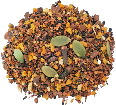 A close-up of dried pumpkin chai herbal tea ingredients, featuring a mix of brown and yellow spices with visible herbs and spice particles.