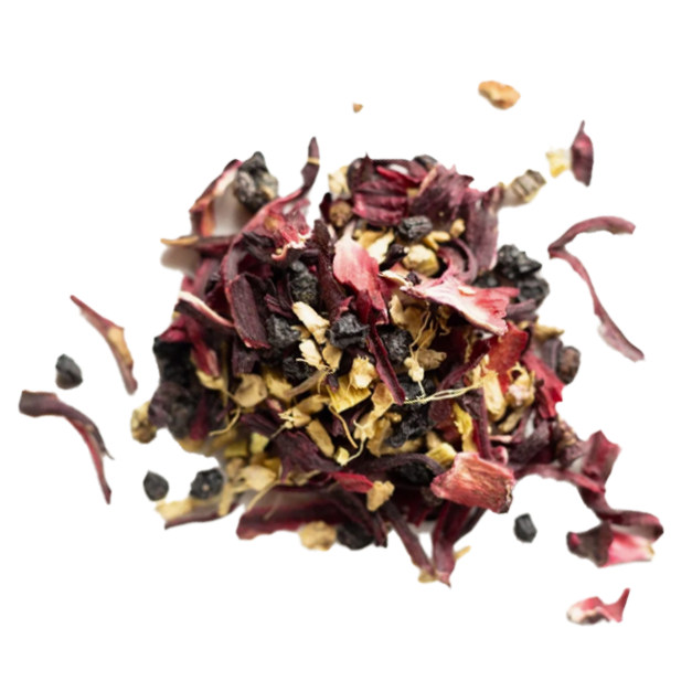 A pile of loose Raspberry Elderflower herbal tea with hibiscus petals, rosehips and elderflower