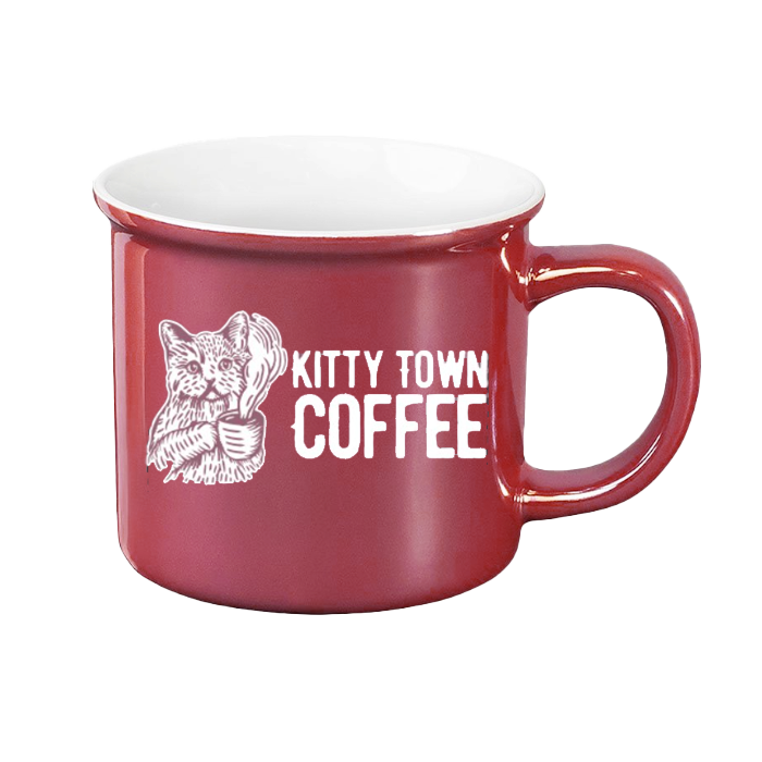 Red mug with 'Kitty Town Coffee' text and cat graphic on a white background