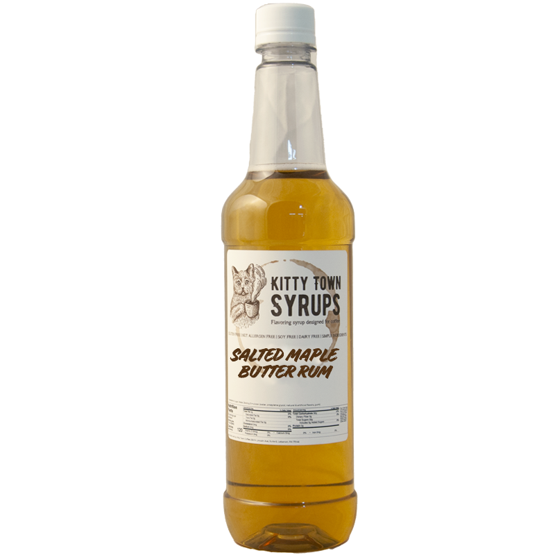 A plastic bottle of Salted Maple Butter Rum flavoring syrup from Kitty Town Syrups.