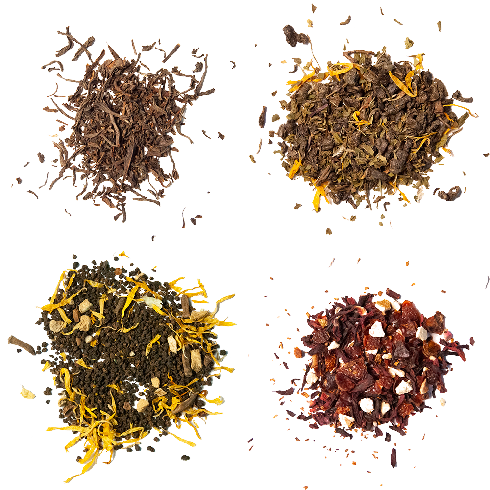 Four different loose leaf teas displayed separately 
