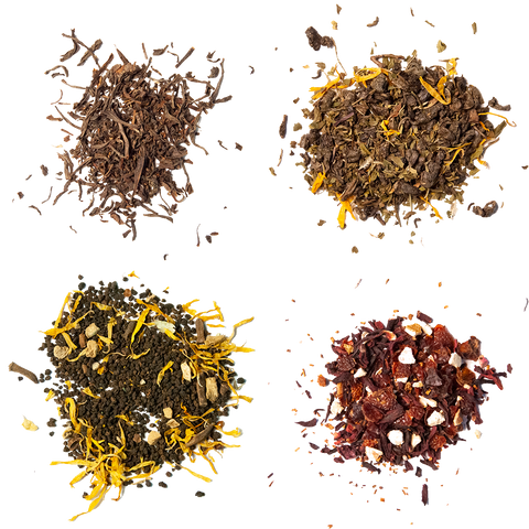 Four different loose leaf teas displayed separately 