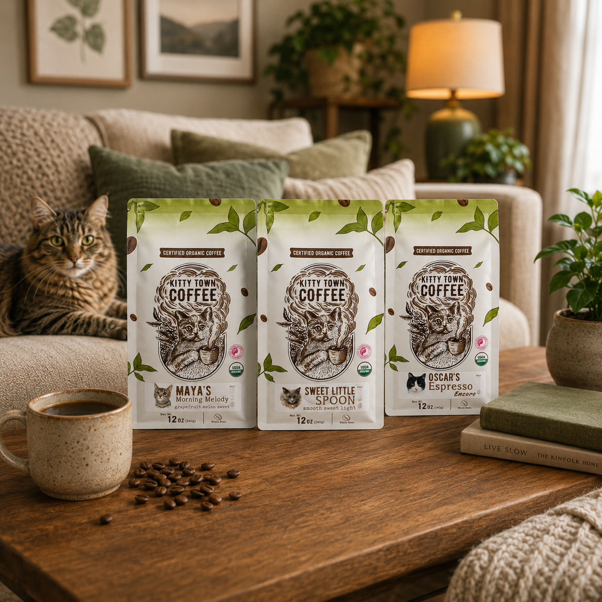 Three bags of Kitty Town organic coffee on a coffee table with a mug of coffee and a cat resting on the couch behind