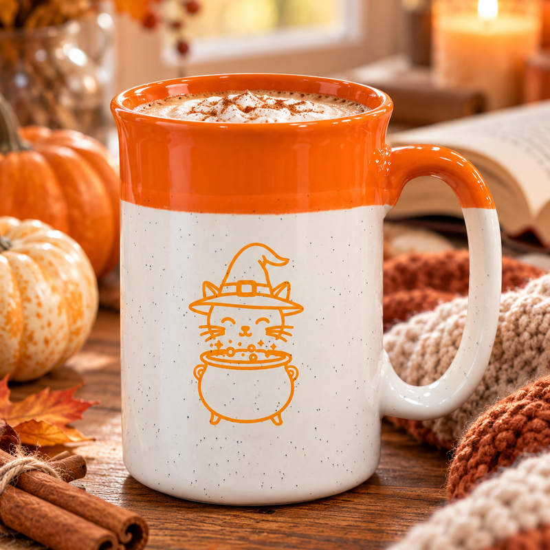 A ceramic mug with a white body and bright orange rim, handle, and printed orange witch cat illustration, filled with a hot beverage and set on a wooden table with autumn decor.