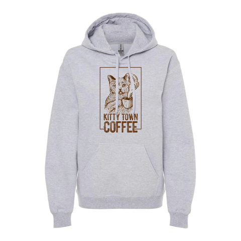 Gray hoodie with 'Kitty Town Coffee' graphic on a white background
