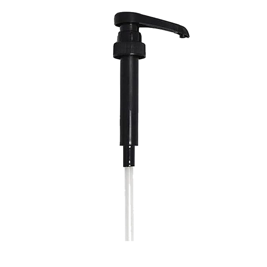 A black reusable syrup pump with a clear tube.