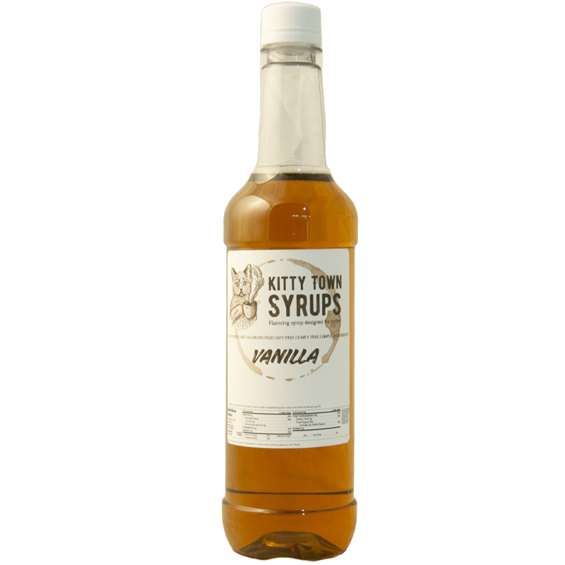 A bottle of Kitty Town Vanilla flavoring syrup.