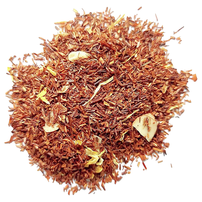 A pile of loose Vanilla Rose Rooibos tea with red rooibos needles and rose petals
