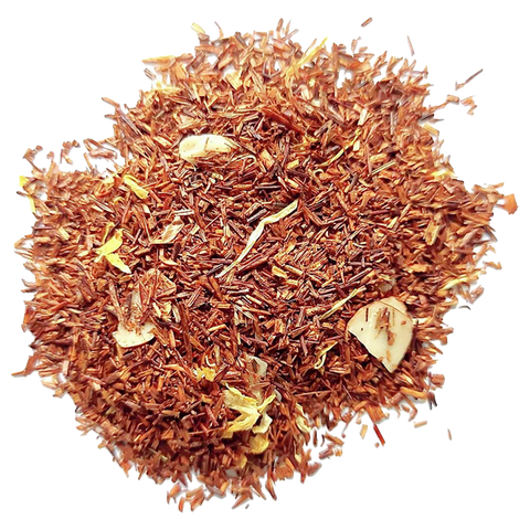 A pile of loose Vanilla Rose Rooibos tea with red rooibos needles and rose petals