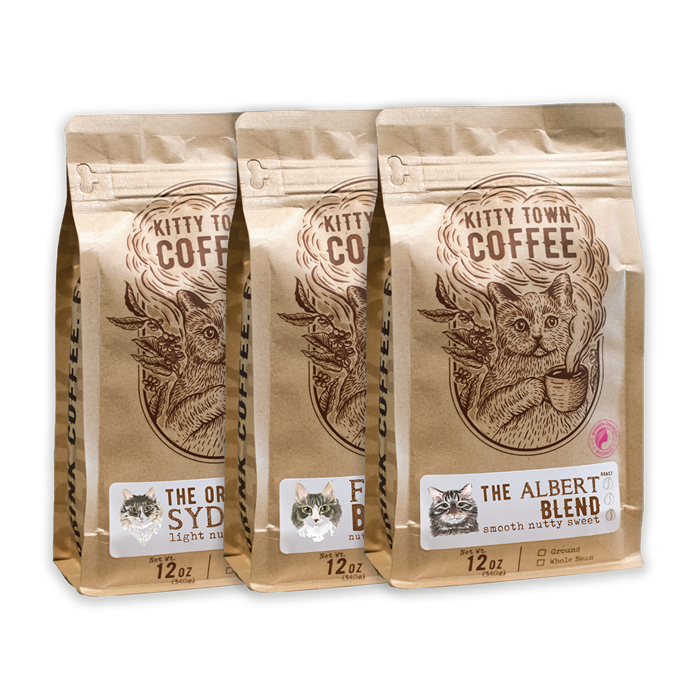 Three individual pouches of Kitty Town Coffee, featuring the 'Albert', 'Fezzik', and 'Sydney' coffee blends. Each pouch has an illustration of a cat and details of the coffee's origin and roast level.